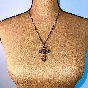 Bronze tone cross pendant necklace with green and brown details